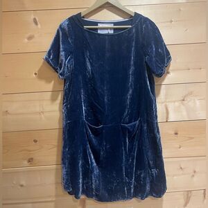 Anthropologie Floreat Crushed Blue Velvet Dress Short Sleeve XS Pockets Shift